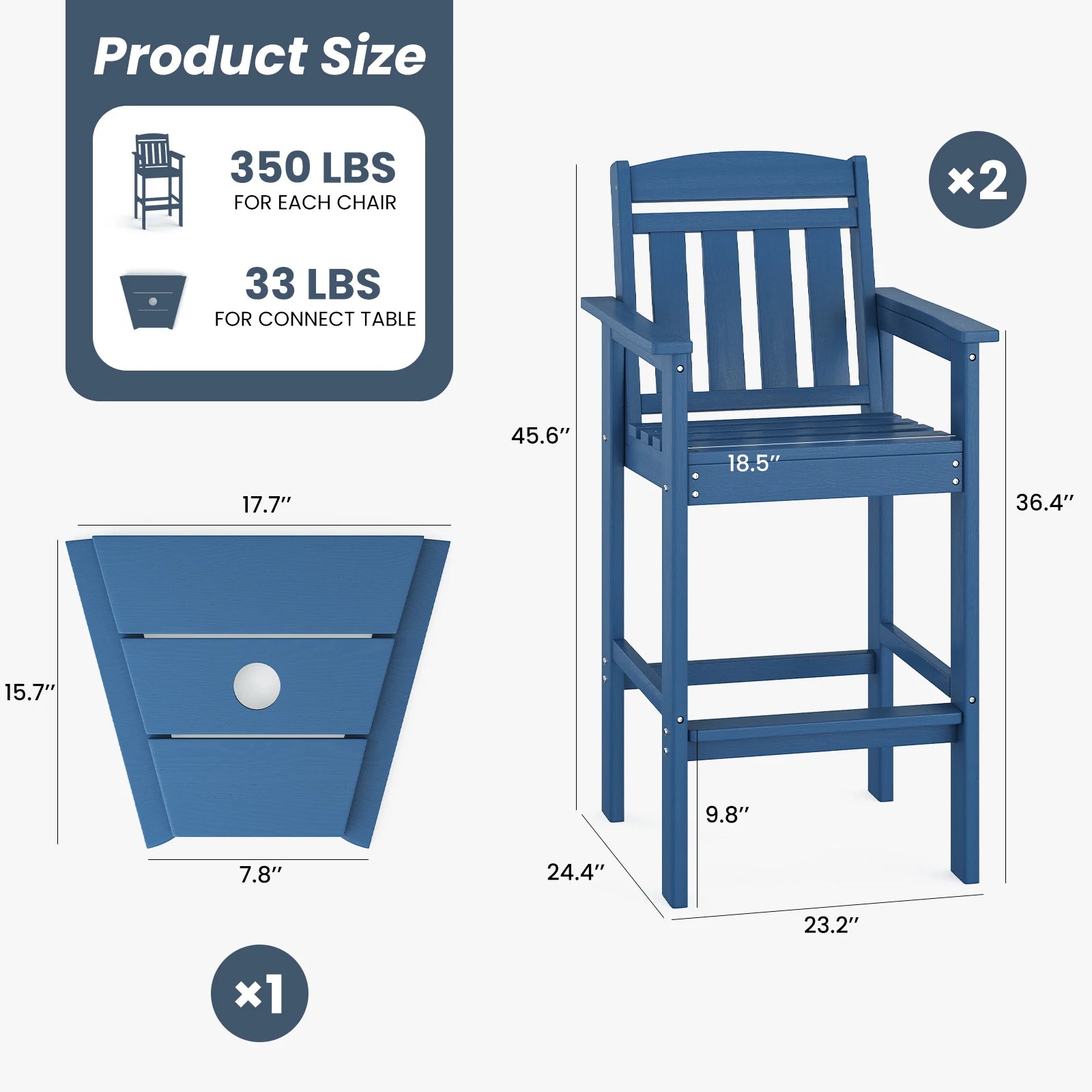 Farini Set of 2 Tall Adirondack Chairs, HDPE Bar Stools with Connecting Tray, All-Weather Patio Chair, Bar Height for Balcony