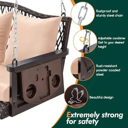 Upgraded Wicker Hanging Porch Swing Heavy Duty 900lbs 3-Seat Outdoor Patio Swing Chair Bench for Adult w/ 8.9ft Hanging