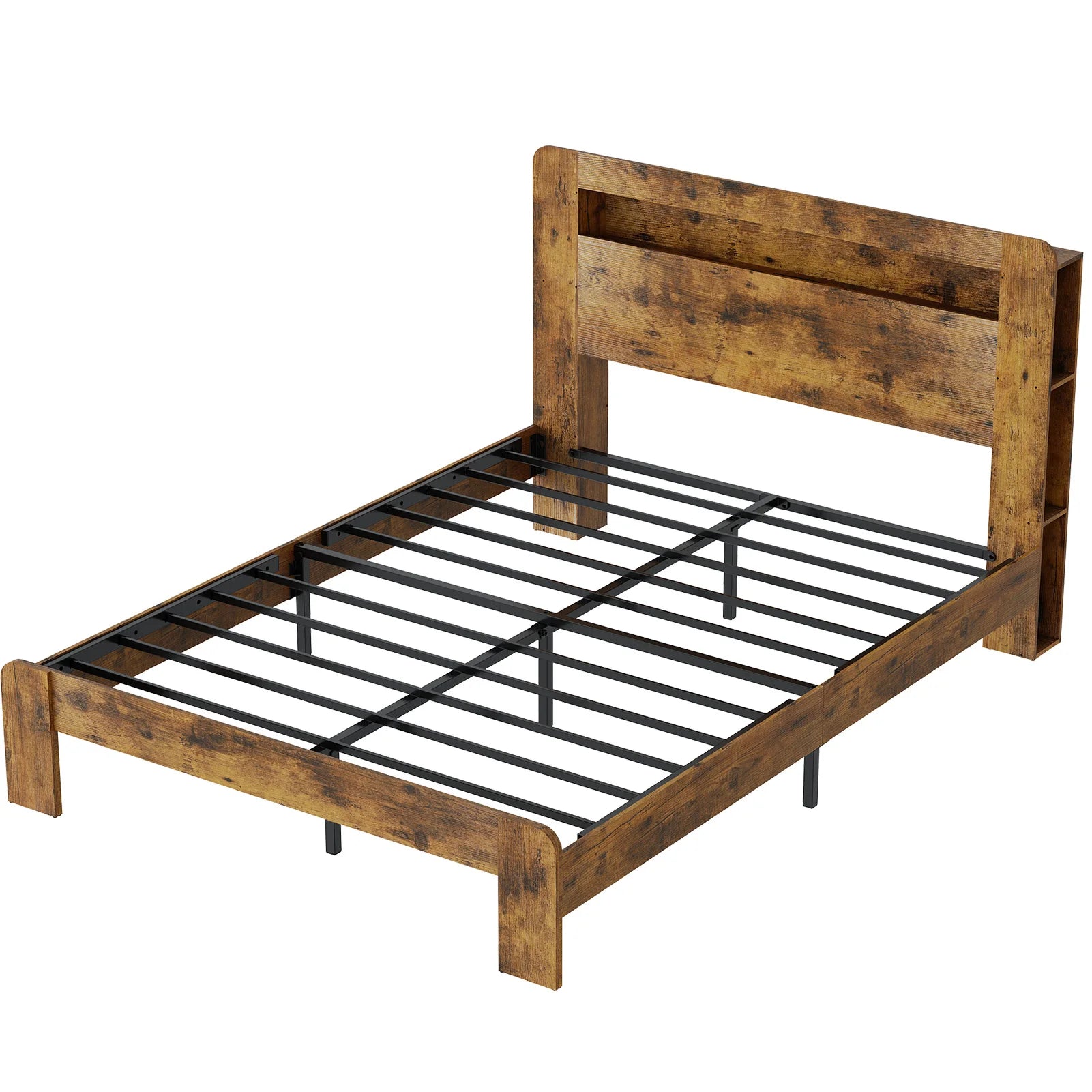 US Queen Size Bed Frame with Storage Headboard Platform Bed Frame with Charging Station LED Light Easy Assembly No Box Spring