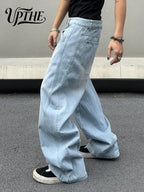 UP.THE Y2K Vintage Men's Wide Leg Loose Blue Jeans, Comfortable Versatile Baggy Denim Trousers for Office, Commute & Street Wear