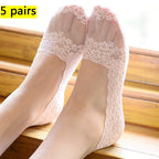 5 Pairs Socks Women's Lace Invisible Short No-Show Ankle Foot Summer Cotton Transparent White Low Cut Boat Sock