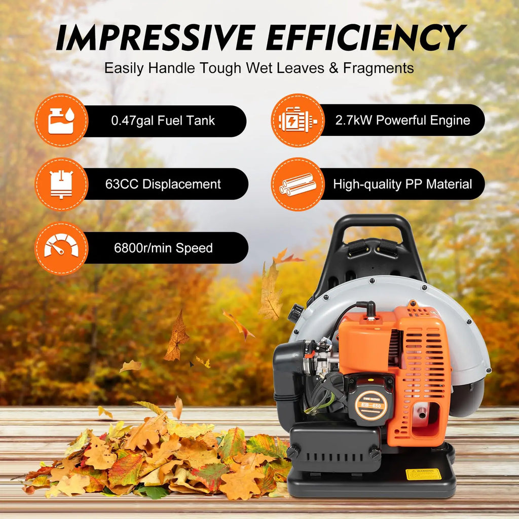 New 63CC 2-Stroke Backpack Gas Leaf Blower, 4.3HP, 850CFM Commercial Use for  Road Sweeping, Including Leaf and Snow Clearance