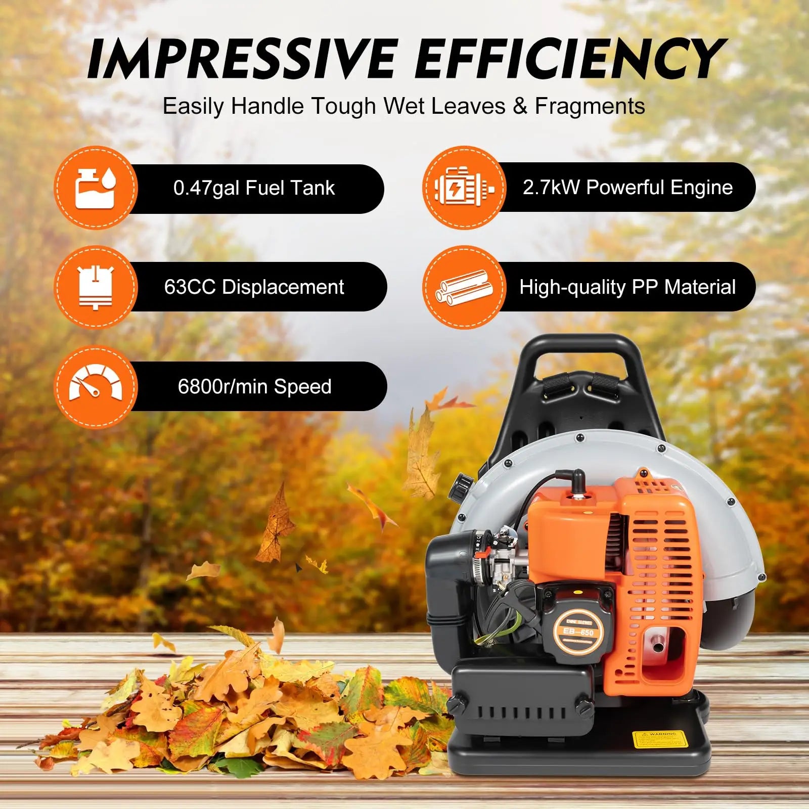 New 63CC 2-Stroke Backpack Gas Leaf Blower, 4.3HP, 850CFM Commercial Use for  Road Sweeping, Including Leaf and Snow Clearance