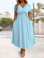 Plus Size Casual Solid V-Neck Cinched Waist A-Line Midi Dress With Pockets For Summer
