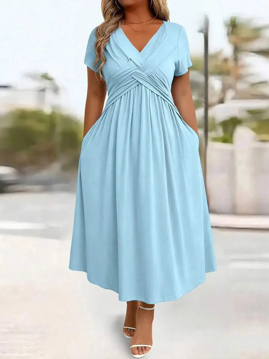 Plus Size Casual Solid V-Neck Cinched Waist A-Line Midi Dress With Pockets For Summer