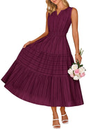 Womens Sleeveless V-Neck Boho Midi Maxi Dress With Pockets Casual Summer Beach Vacation Dress