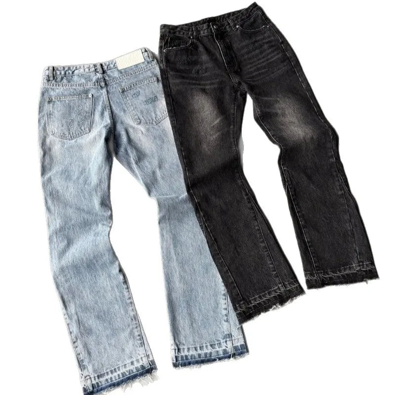 American Vintage Washed Jeans Men Women Retro Distressed Raw Hem Flare Denim Pants Y2K Grunge Streetwear Loose Hip Hop Trousers 2026