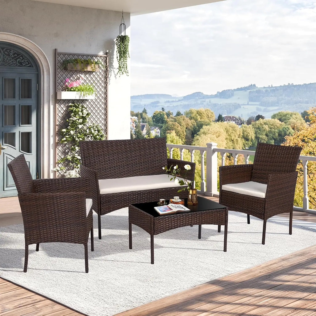 4 Piece Outdoor Patio Furniture Set, Wicker Rattan Patio Conversation Set, Outdoor Chairs and Loveseat with Coffee Table for Porch, Yard & Poolside (Brown)