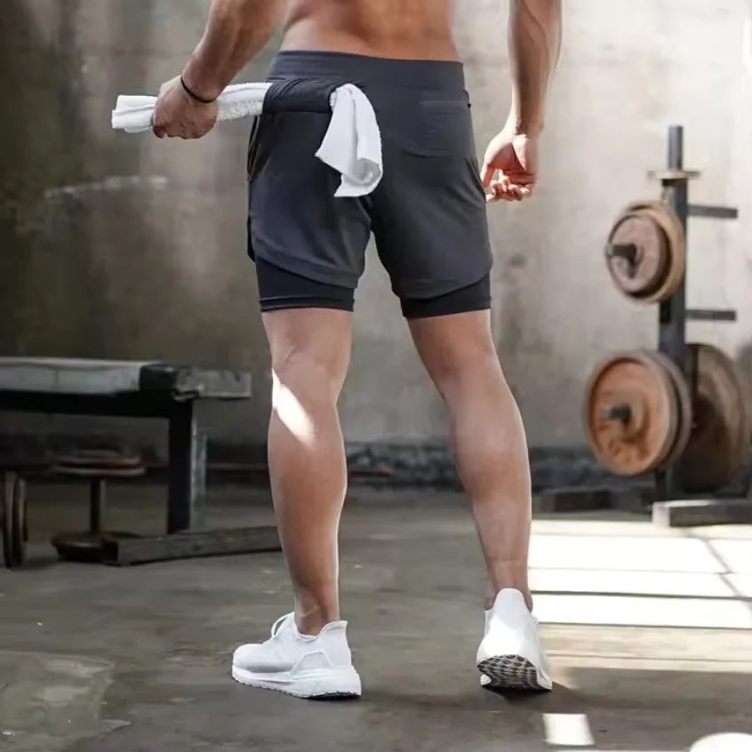 Sports Shorts Jogging Training Quick Dry 2-in-1 Double Layer Elastic Waist Taffeta Regular Fit Summer Men Single Pair