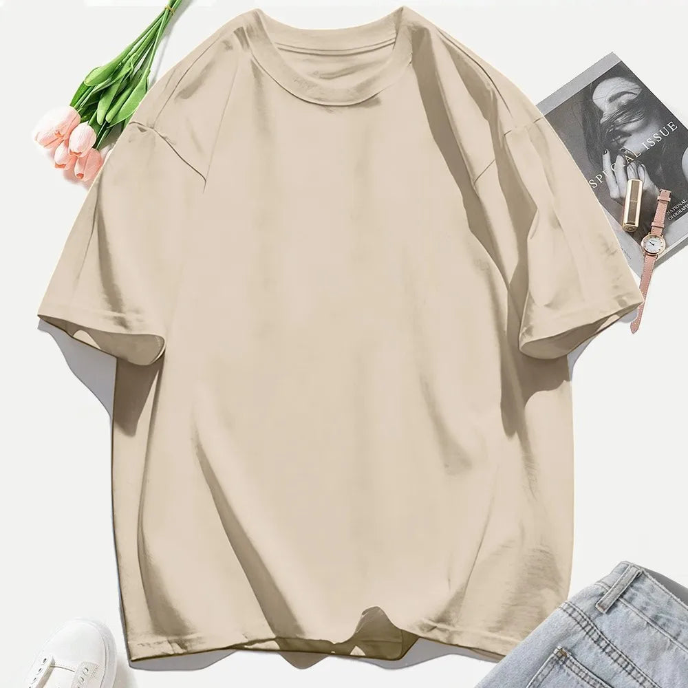 Short Sleeve T-shirt Minimalist Solid Plain Cotton O Neck Oversized Loose Sport Daily Women Summer All Season