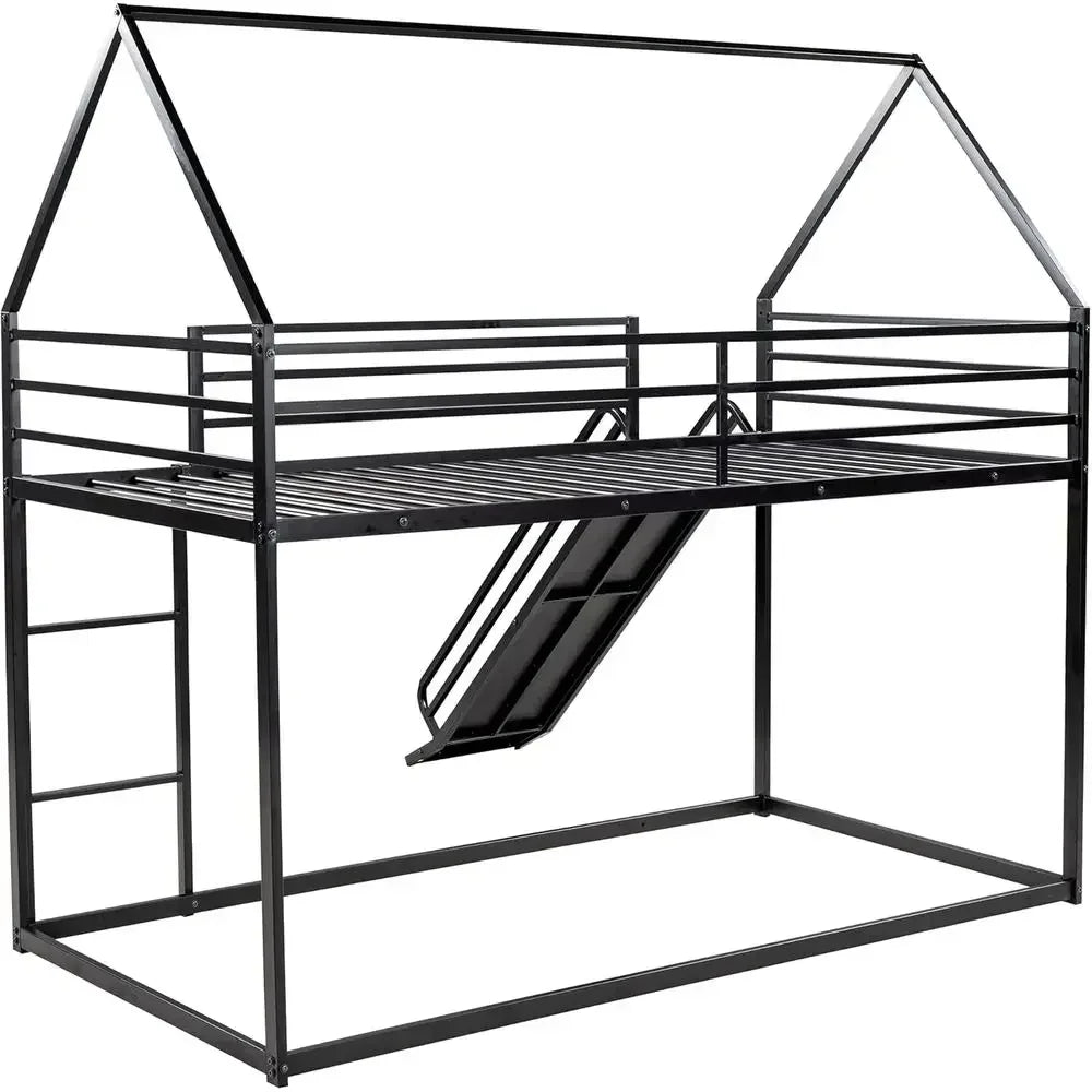Twin Over Twin Bunk Bed with Slide and Ladder, Metal Frame for Kids, Black