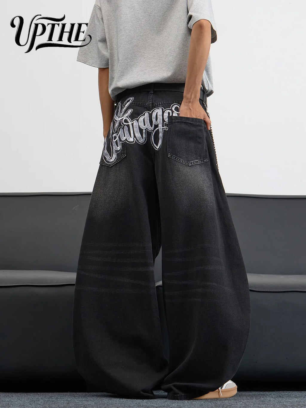 UP.THE Men's Black Baggy Wide Leg Jeans, Y2K Hip Hop Streetwear Denim Pants with Back Embroidery, Oversized Loose Skater Jeans for Street Activities