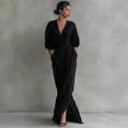 Elegant Solid Color V Neck Long Sleeve Wrap Midi Dress With Side Slit For Women