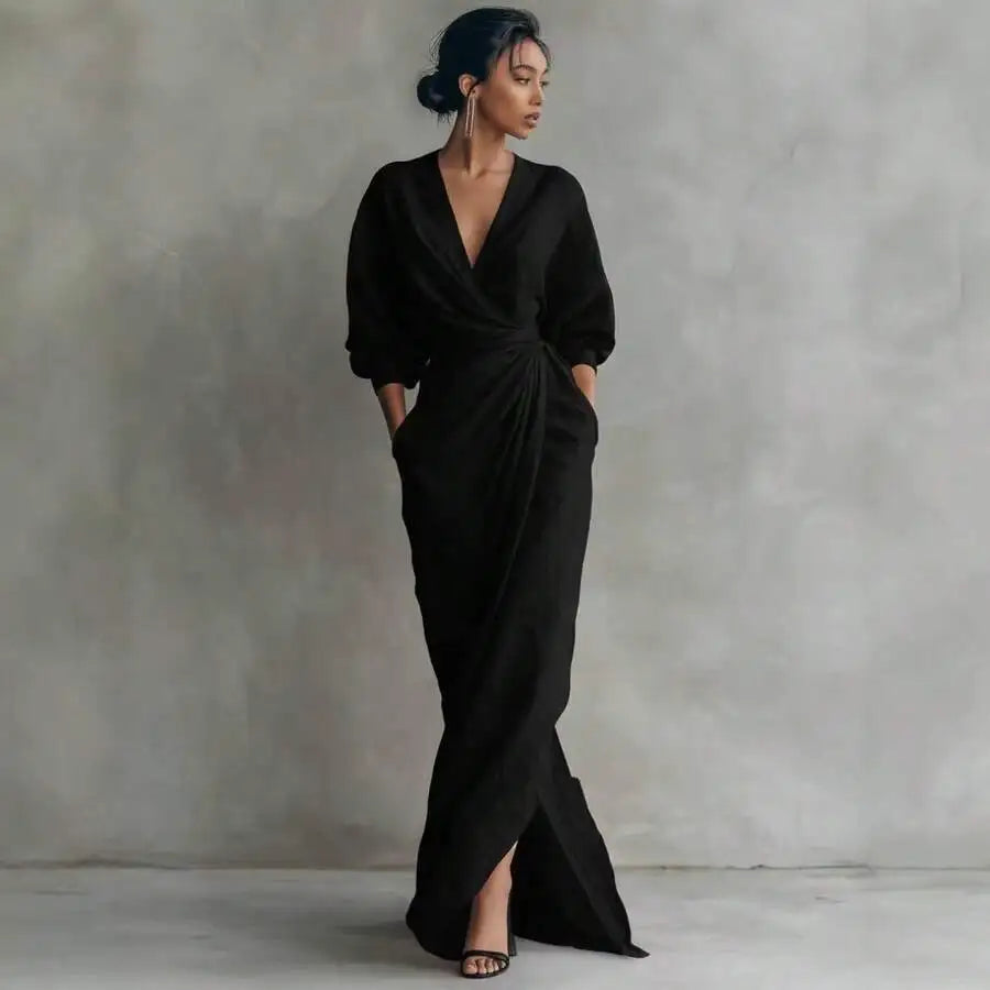 Elegant Solid Color V Neck Long Sleeve Wrap Midi Dress With Side Slit For Women