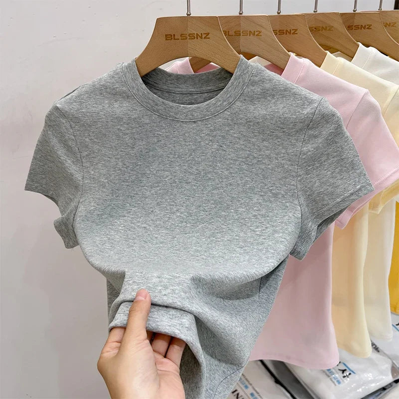 Zjaiss 2026 O-Neck Summer Sexy Basic Solid Short Sleeve T-Shirt Women Casual Korean Streetwear Tee