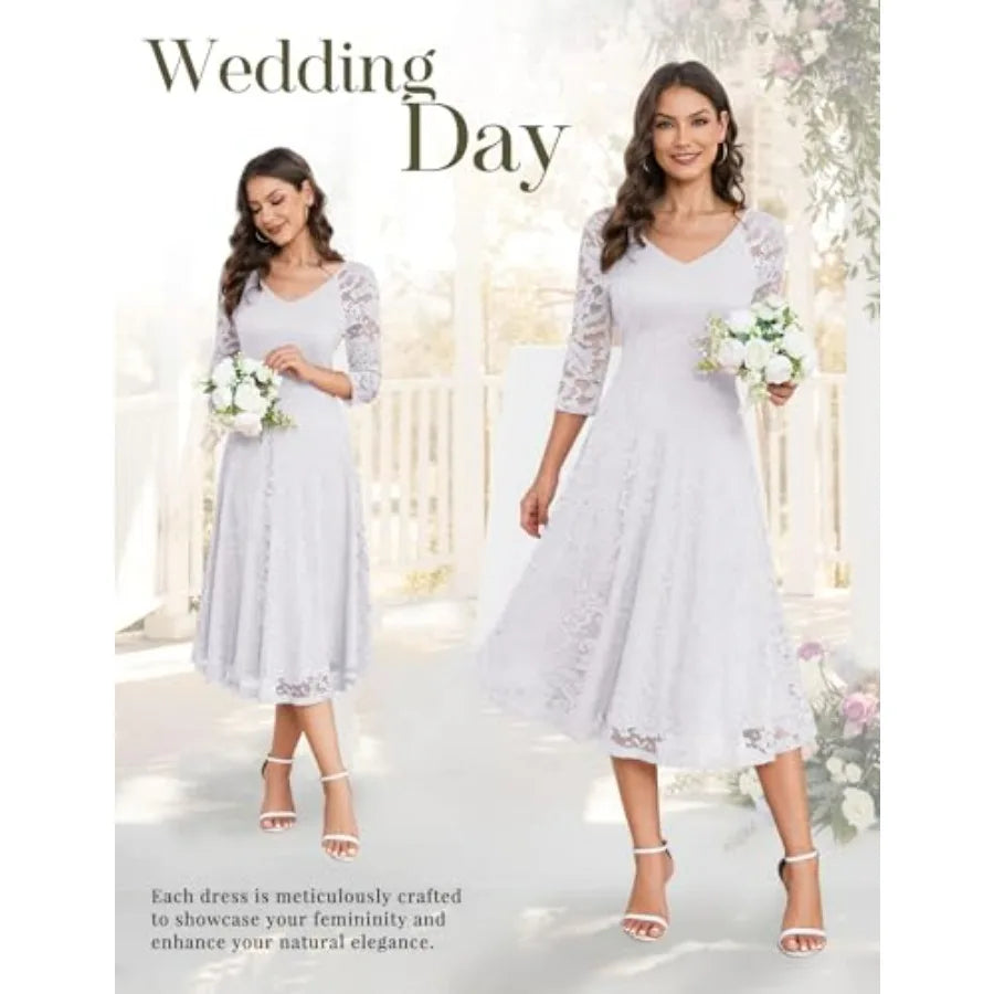 Dressystar Womens Long-Sleeve Wedding Guest Dress A-Line Lace Formal Party Cocktail Midi Dress Prom Gown