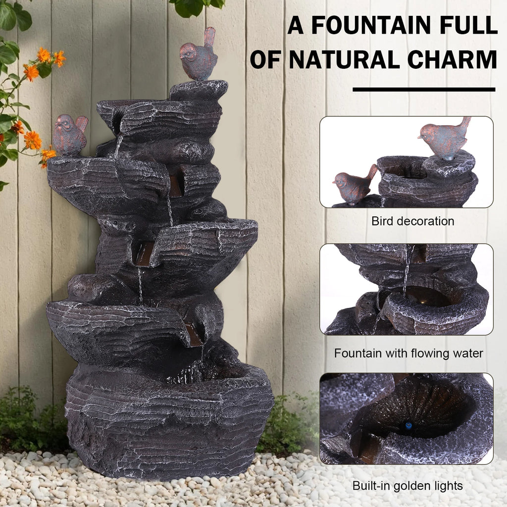 27 Inch 5-Tier Outdoor Water Fountain with Lights Outdoor Garden Waterfall Decor for Patio Garden Backyard Porch Home Art Docor