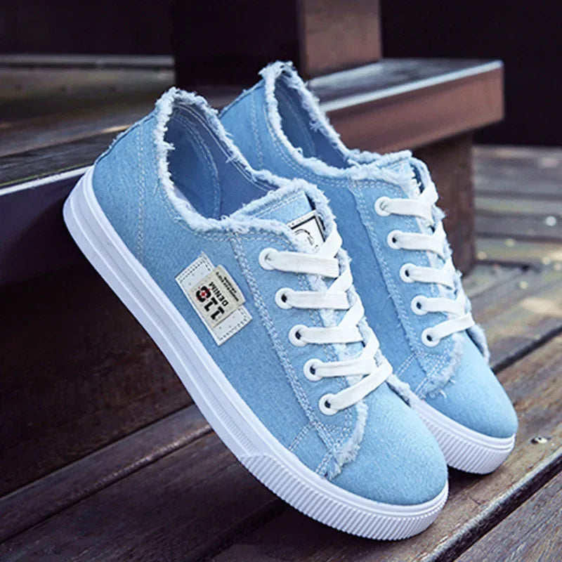 2024 Spring Summer Women Canvas Sneakers Low Top Lace Up Denim Flat Shoes Female Casual Board Shoes