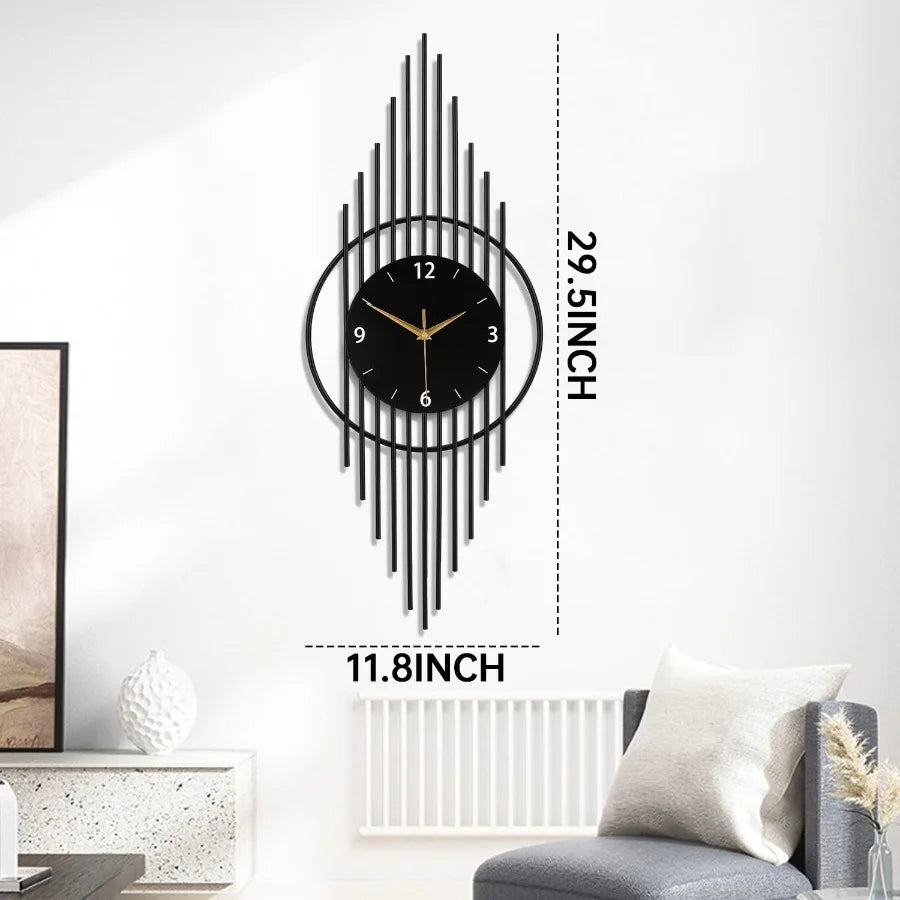 Modern Black Metal Wall Clock, Art Deco Style Large Decorative Clock for Living Room, Silent Non-Ticking Hanging Clock with Geo
