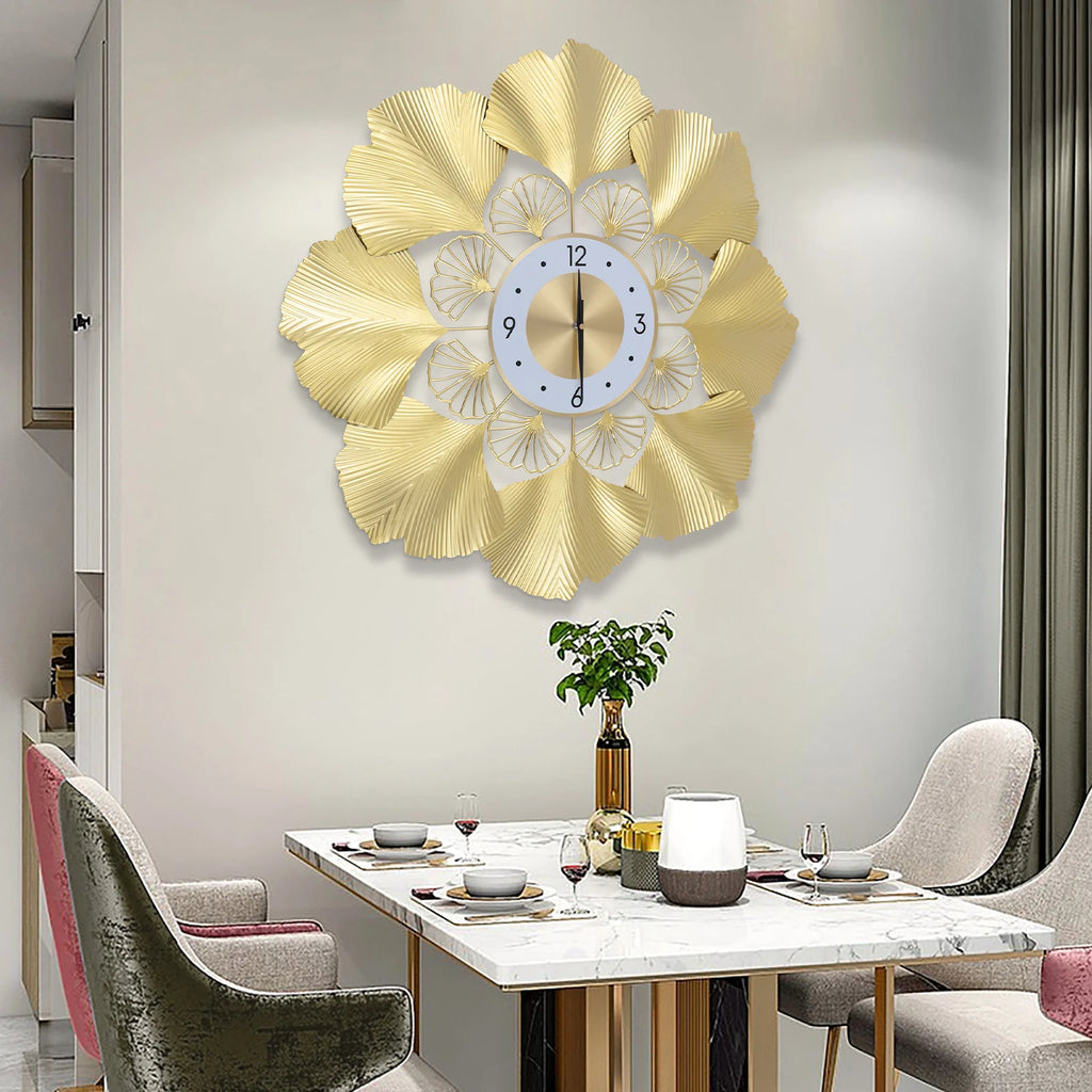 Ginkgo Biloba Wall Clock 70cm Large Nordic Light Luxury Design, White Gold Iron Silent Non-Ticking Battery Operated Living Room