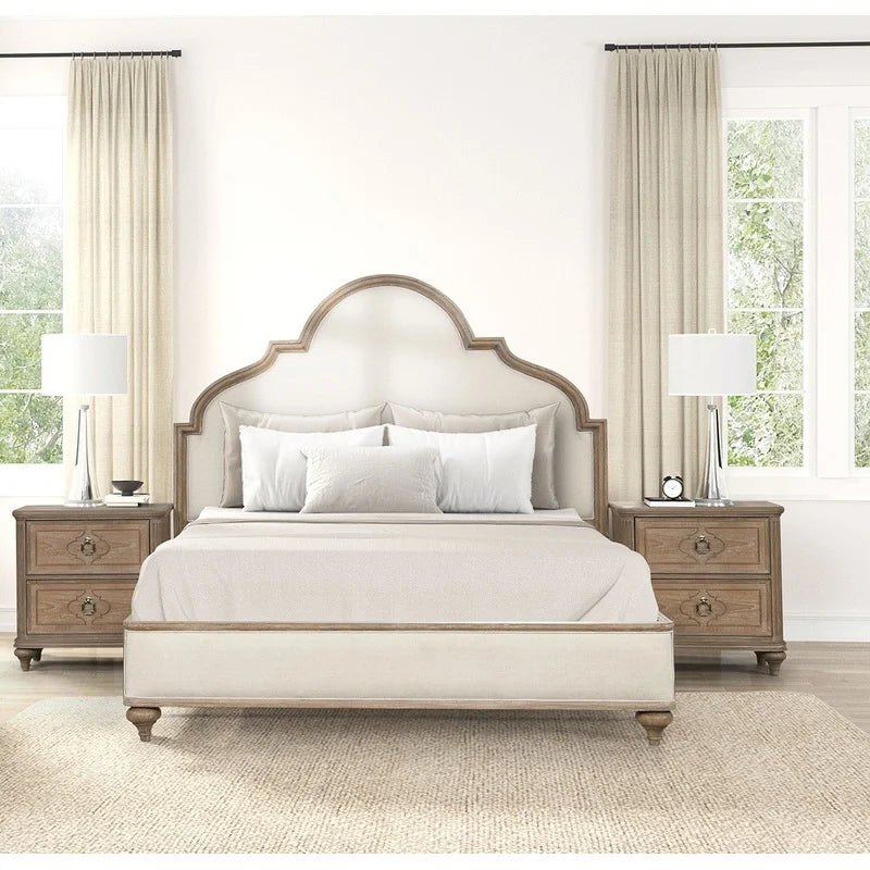 Rustic Oak 3-Piece Eastern King Bed with Nightstands, Solid Wood, Unique Legs, Upholstered Frame, Traditional Design