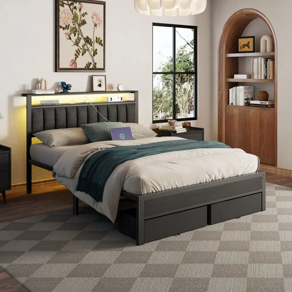 Queen Bed Frame with Charging Station and LED Lights, Grey Upholstered Headboard with Shelves, Metal Platform Bed with 2 UnderB