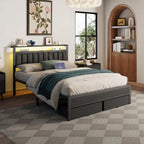 Queen Bed Frame with Charging Station and LED Lights, Grey Upholstered Headboard with Shelves, Metal Platform Bed with 2 UnderB