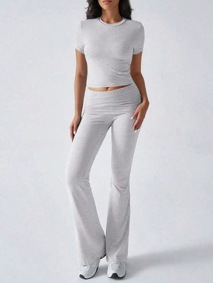 Womens Two Piece Casual Sport Set Round Neck Short Sleeve Top And Straight Pants