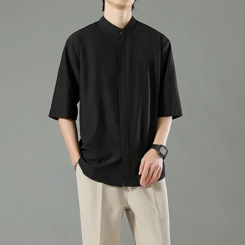 Japanese Stand Collar Non Iron Stretch Shirt Men Summer Loose Solid Short Sleeve Business Casual Daily Office Commute Wear Top Gift