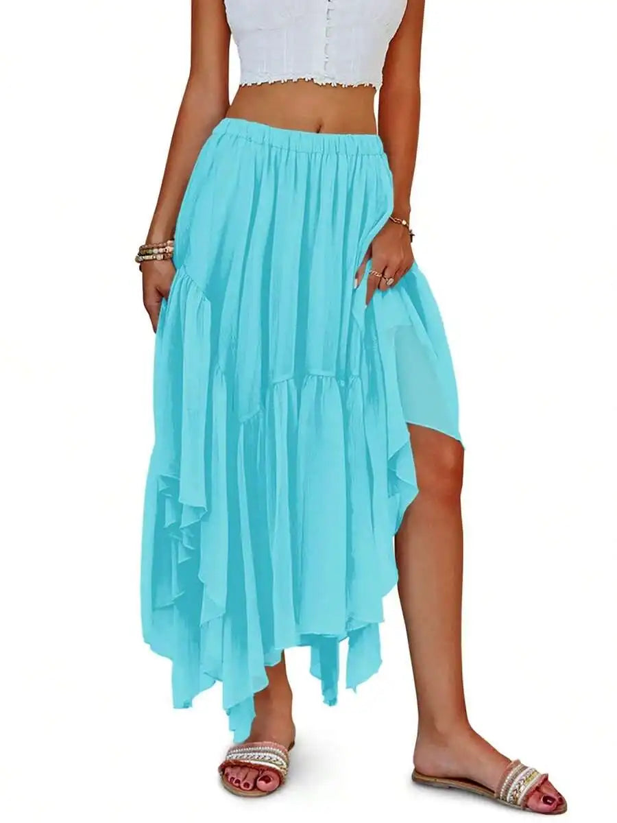 Womens Boho Asymmetric High-Low Hem Flowy Maxi Skirt Casual Summer