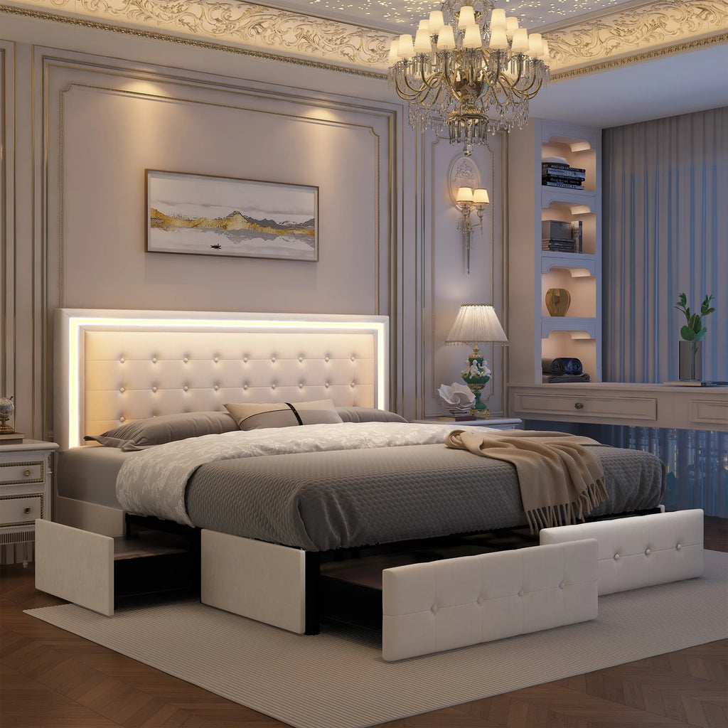 GEGOFORU Queen LED Bed Frame with 4 Storage Drawers, RGBW Headboard, PU Upholstered, No Box Spring Needed, 900 lbs Support