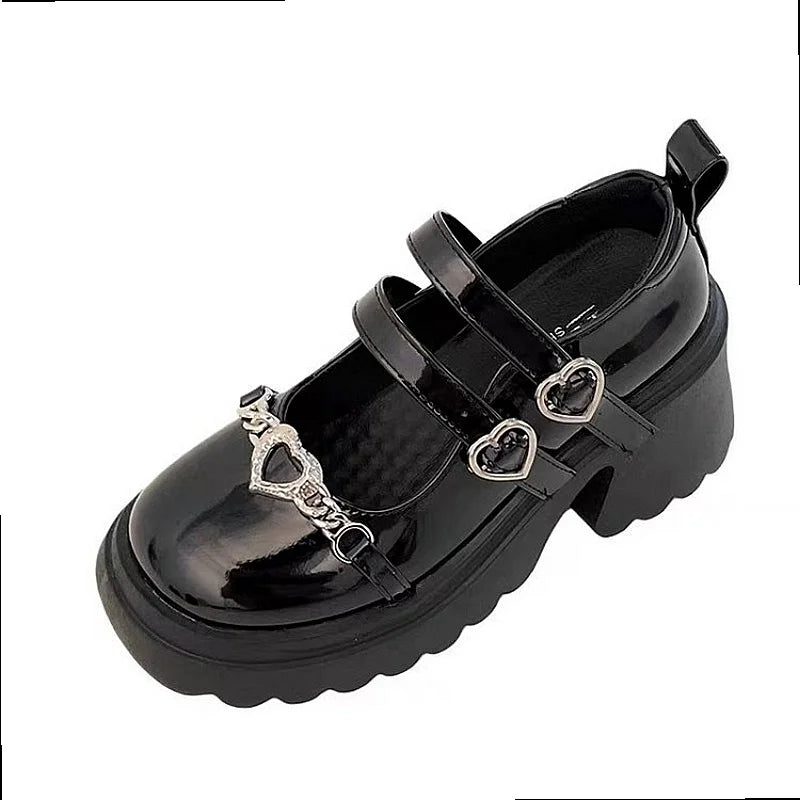 2024 Sweet Heart-Shaped Buckle Lolita Shoes Women Patent Leather Platform Mary Janes Chunky Heels Pumps