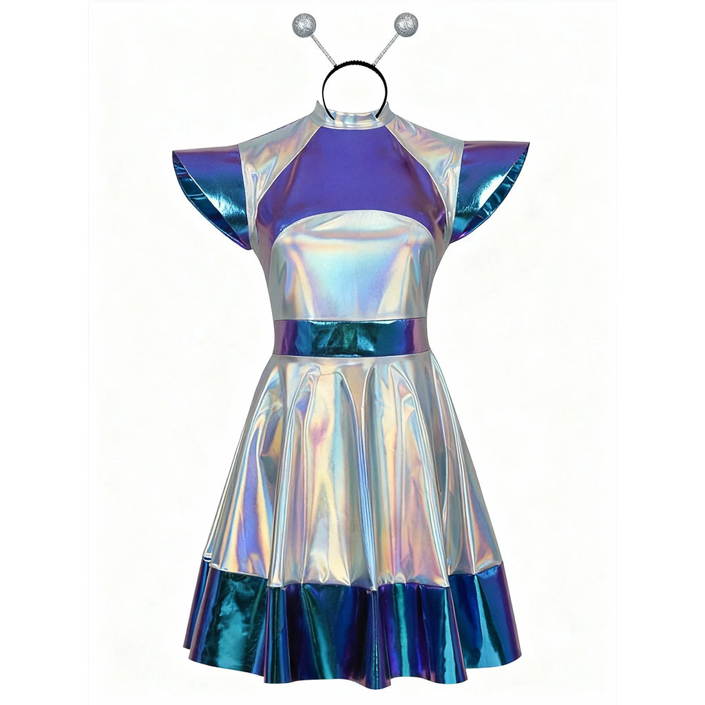 Toddler Baby Girls Alien Costume Dress Kids Shiny Metallic Space Themed Party Dress with Headband Glasses for Halloween Cosplay