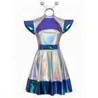 Toddler Baby Girls Alien Costume Dress Kids Shiny Metallic Space Themed Party Dress with Headband Glasses for Halloween Cosplay