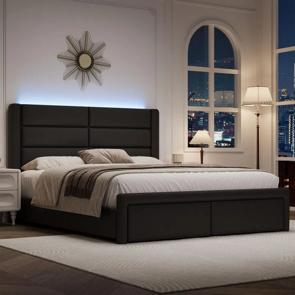 Upholstered Bed Frame with Headboard and LED Lights, Modern Faux Leather Bed Frame with Wooden Slats Support and Heavy Duty Mat