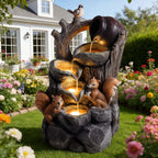 Squirrel Outdoor Water Fountain with Lights Waterfall Garden Decor Resin Tree Stump Pouring Jug for Patio Yard Porch