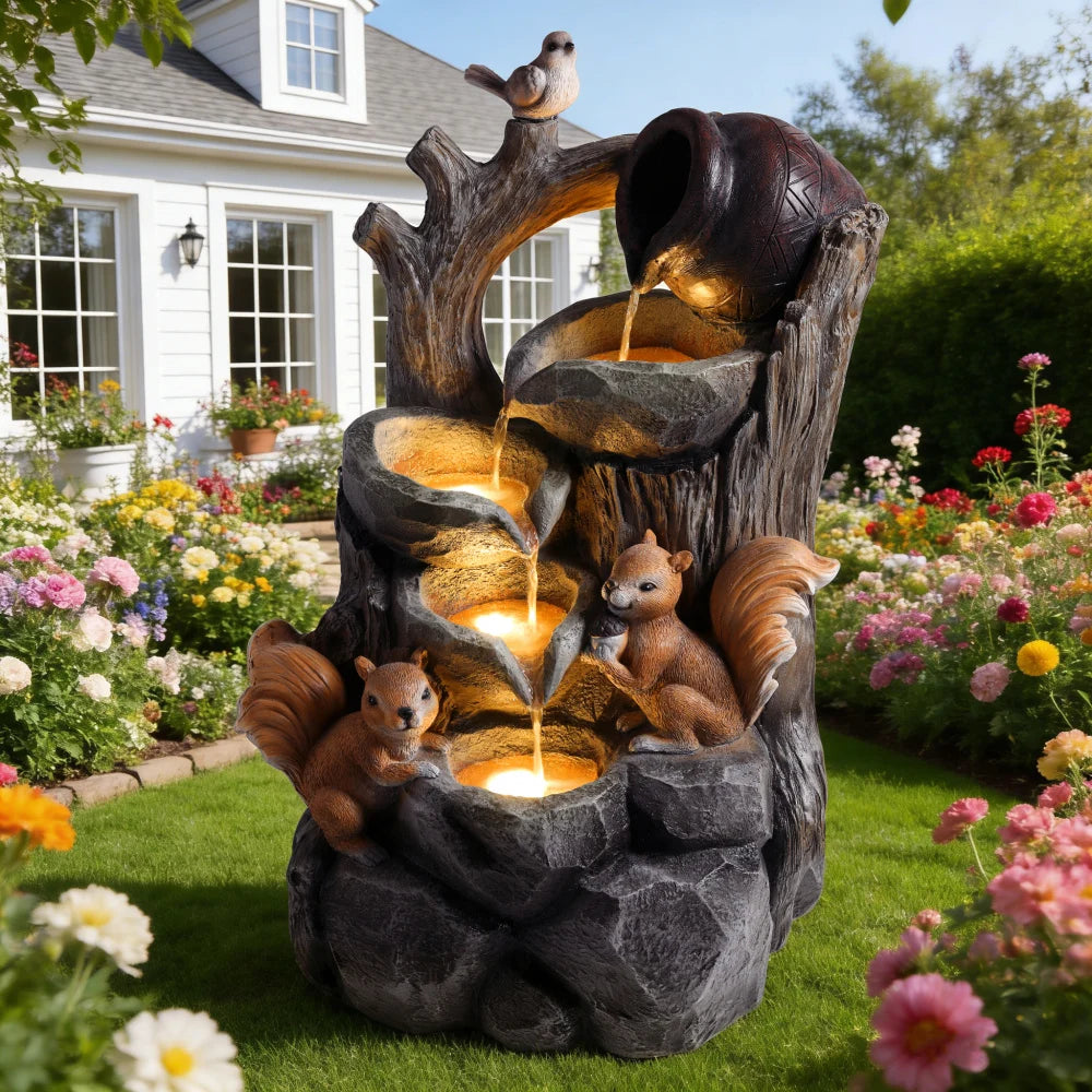 Squirrel Outdoor Water Fountain with Lights Waterfall Garden Decor Resin Tree Stump Pouring Jug for Patio Yard Porch