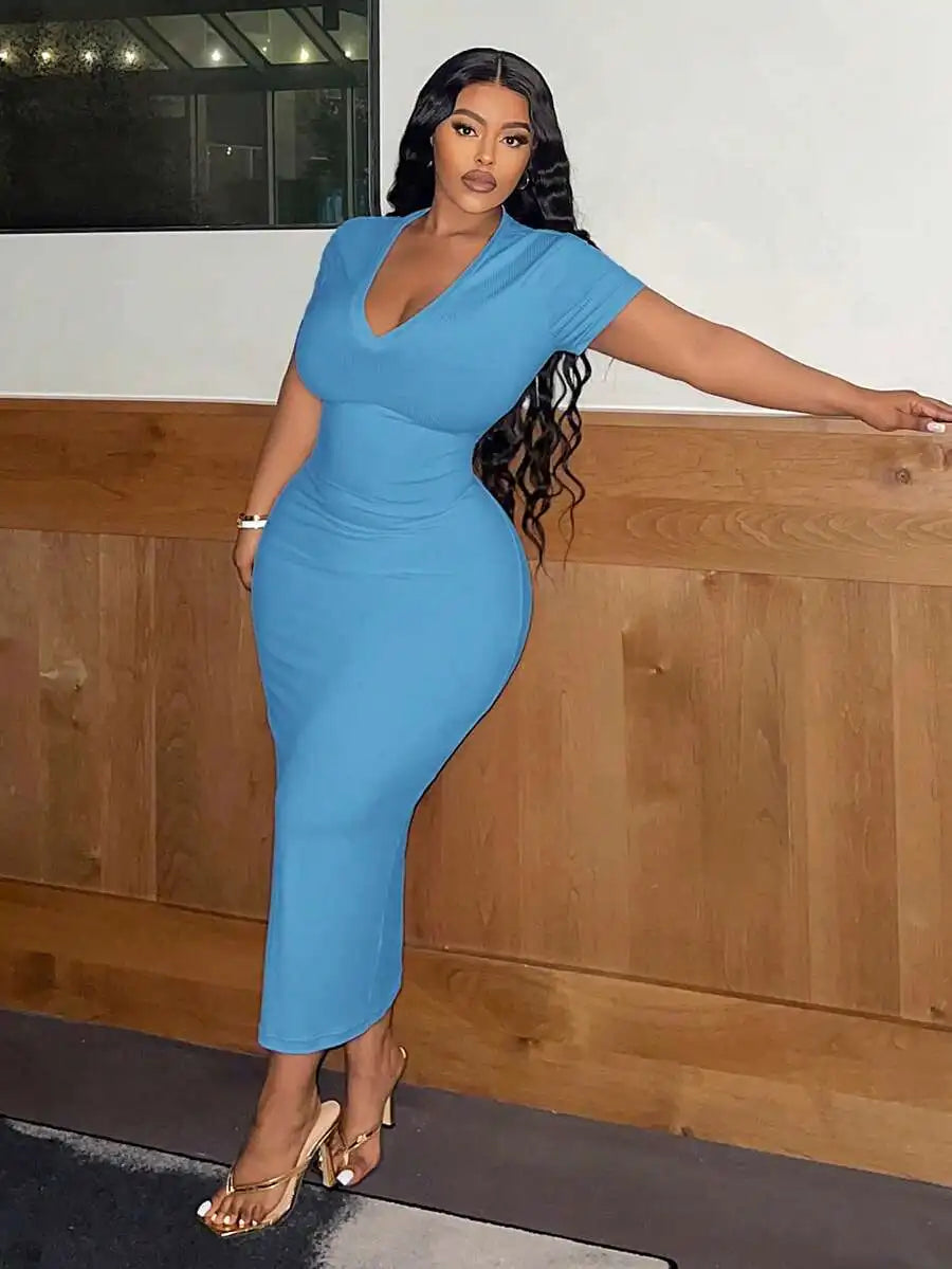 Women Plus Size V-Neck Short Sleeve Bodycon Midi Dress