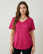 Plus size spring and summer rose pink V-neck drawstring T-shirt loose slimming short sleeve top side drawstring adjustable casual T-shirt