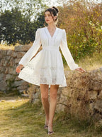 White V-Neck Long Sleeve Lace Dress A-Line Mini Elegant Bohemian Style Spring Autumn