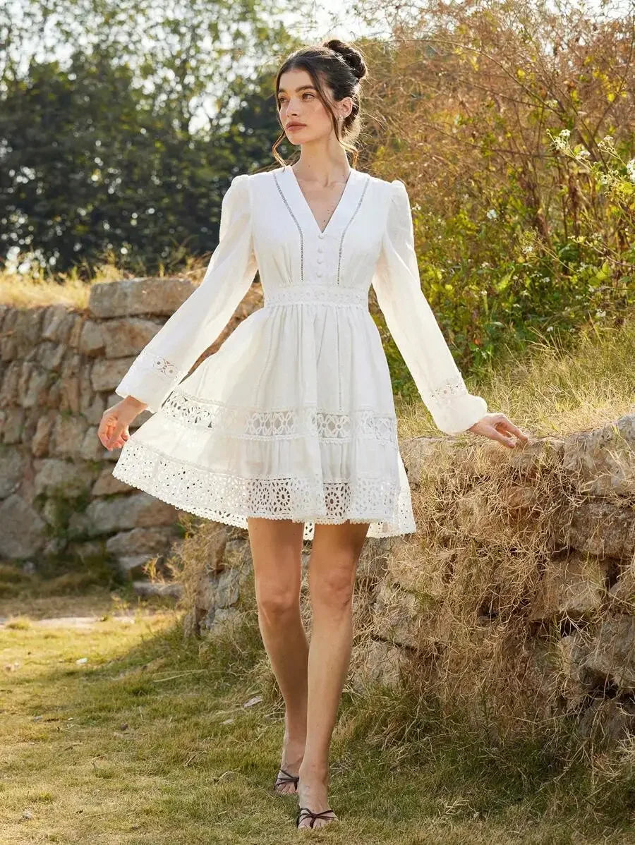 White V-Neck Long Sleeve Lace Dress A-Line Mini Elegant Bohemian Style Spring Autumn