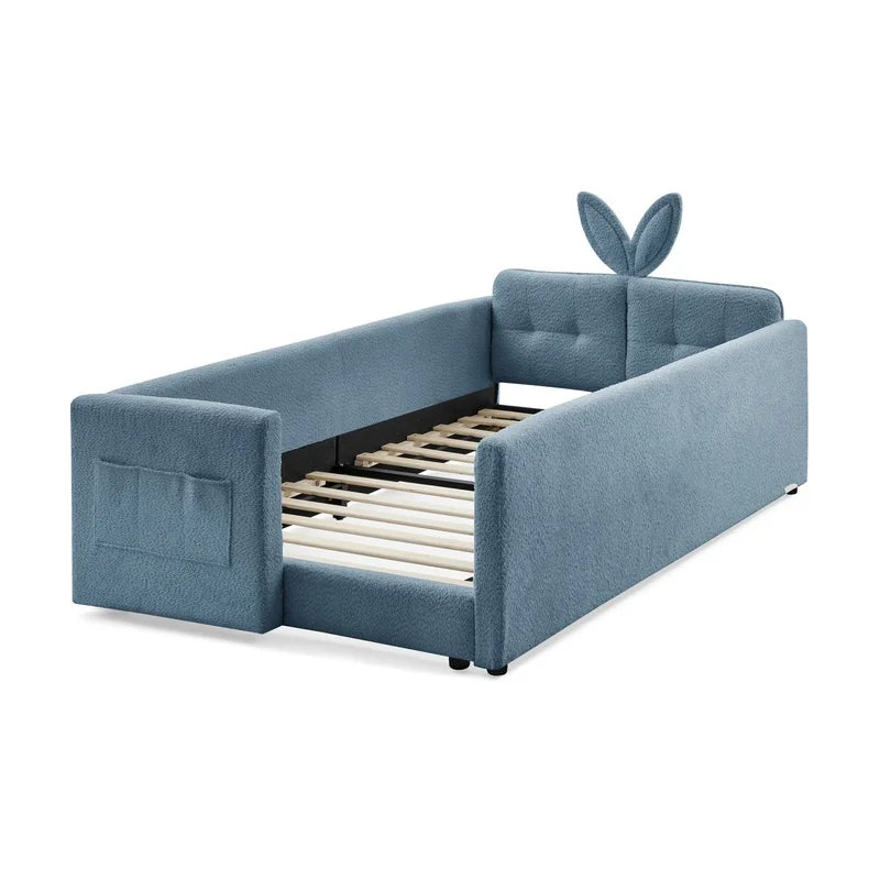 Twin Upholstered Platform Bed with Rabbit-Ear Headboard, Safety Rail, Pocket Storage, Boucle Fabric