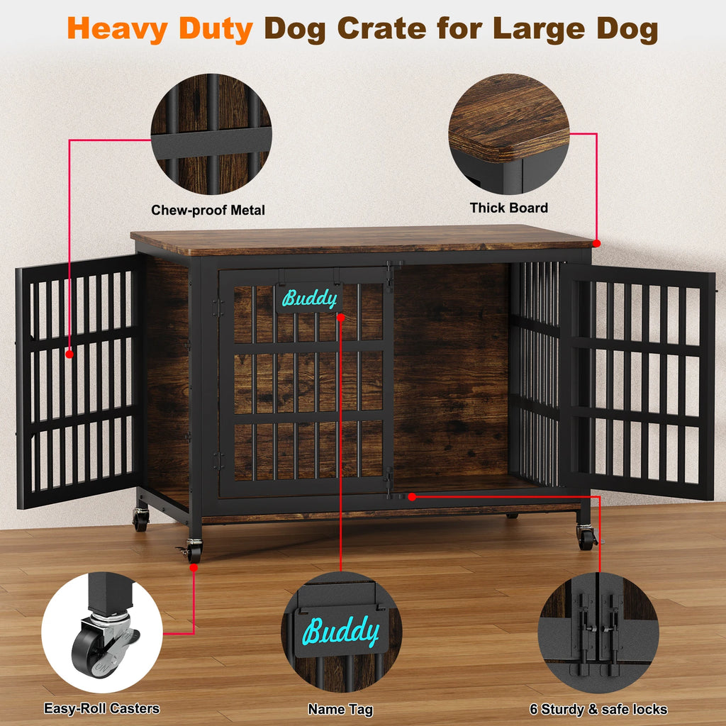 Dog Crate Furniture with Casters,Heavy Duty Dog Kennel Indoor for Large and Medium Dogs,Decorate House as TV Stand,Bedside Table