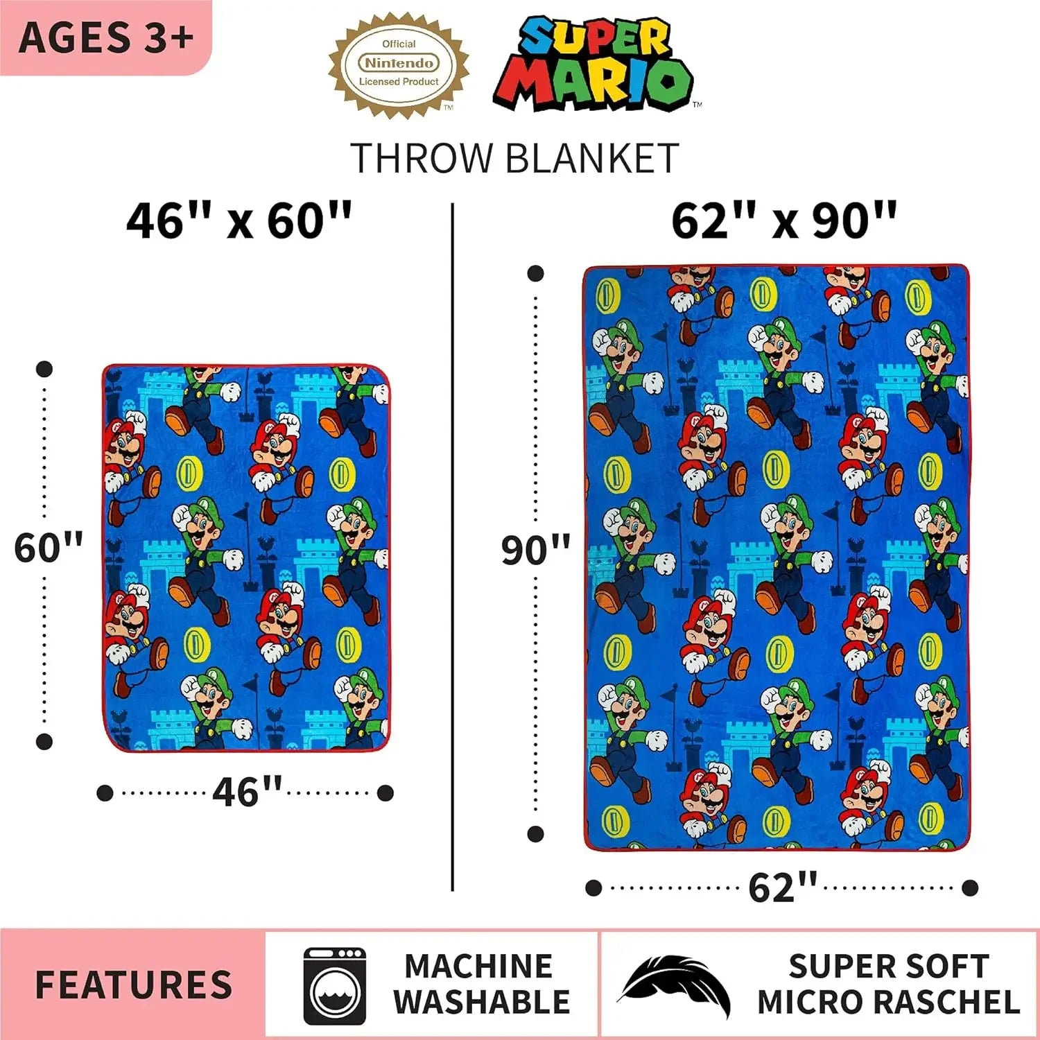 Super Soft Plush Throw Blanket 46x60 Inch for Kids, Cozy Micro Raschel Blanket for Couch