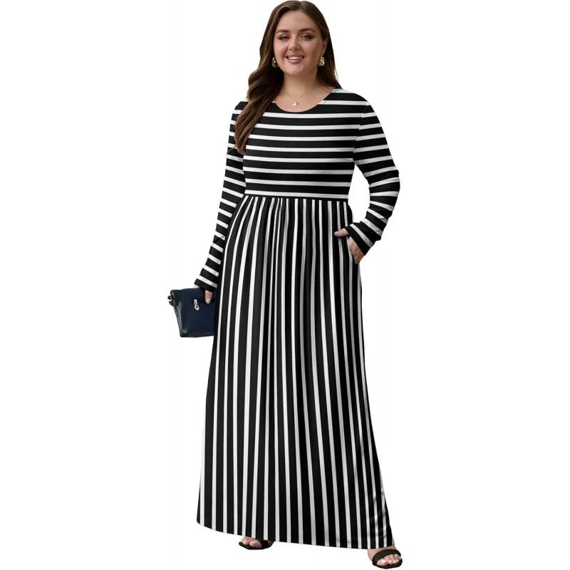 Womens Plus Size Maxi Dresses for Curvy Women Fall 2025 Casual Long Sleeve Long Dress with Pockets 1X-5X