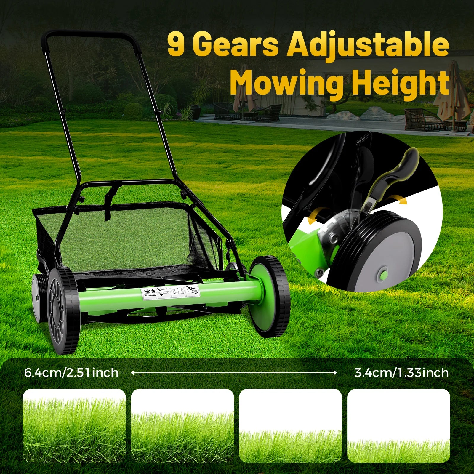 20 Inch 5-Blade Push Reel Lawn Mower with Grass Catcher Manual Push Mower with Adjustable Cutting Height 2.5 Inch Max, 4 Wheels Reel Mower for Small Area Yards (20 Inch)