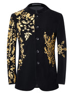 Men's Black Velvet Blazer with Gold Floral Embroidery, Slim Fit Suit Jacket for Wedding, Party, Banquet, Prom