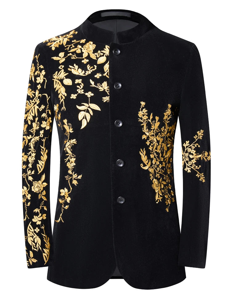 Men's Black Velvet Blazer with Gold Floral Embroidery, Slim Fit Suit Jacket for Wedding, Party, Banquet, Prom