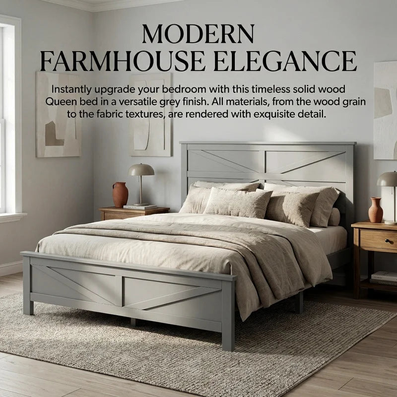 Farmhouse Queen Bed with Barn Door Headboard and Footboard, Pinewood Frame, Grey