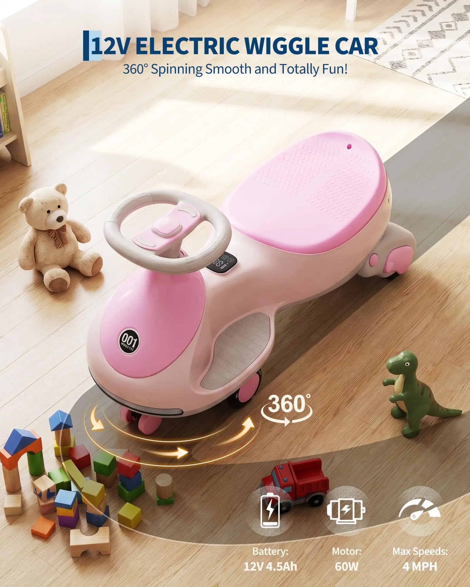 12V 2-in-1 Kids Electric Wiggle Car Ride On – Pedal & Swing, 360° Steering, Flashing Wheels, Music, Anti-Rollover, Rechargeable Battery, High Weight Capacity – Indoor Outdoor